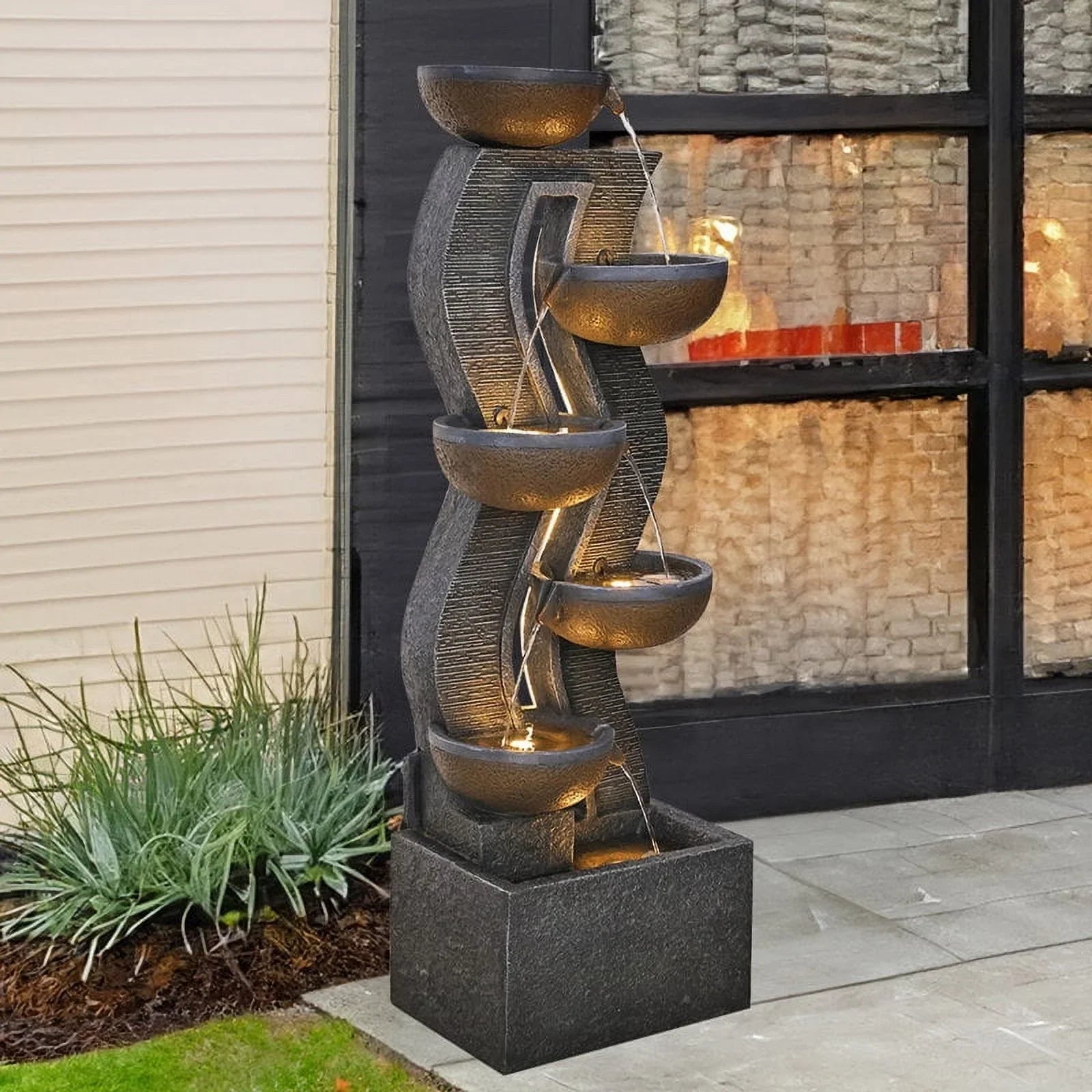 6-Tiered Outdoor Garden Water Fountain With Light, 16.77in L X 13.85in W X 52.8in H