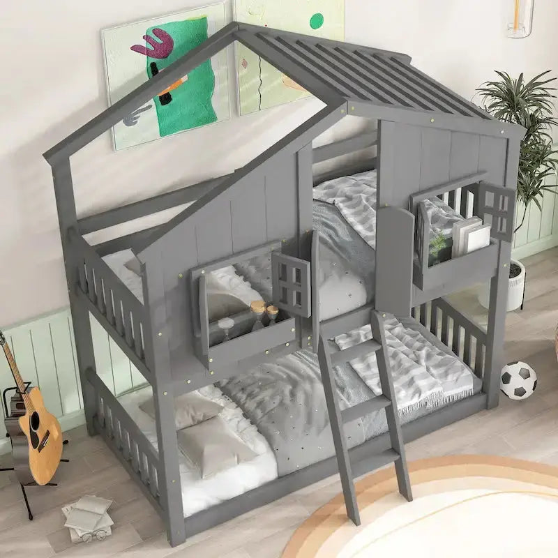 Twin-Over-Twin Playhouse-Style Bunk Bed - Grey With Roof, Window & Safety Rails