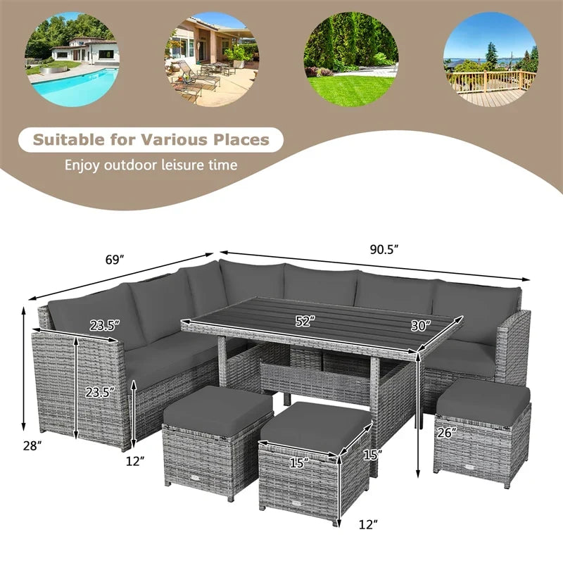 7-Piece Resin Wicker Outdoor Sectional Sofa Set With Dining Table, Ottomans And Cushions