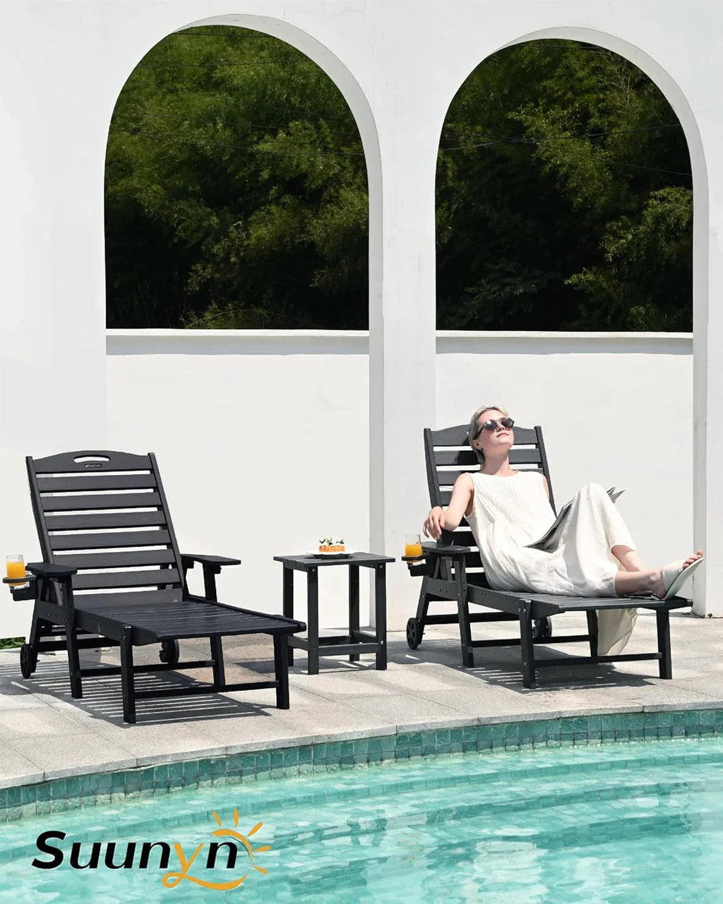 SUUNYN HDPE 6-Position Outdoor Chaise Lounge Chair With Wheels And Cup Holder - Teak