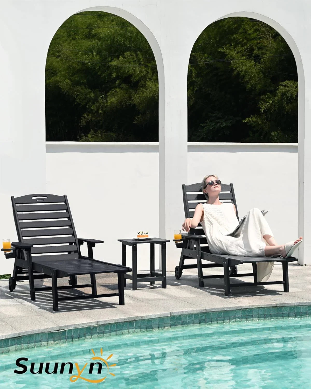 SUUNYN HDPE 6-Position Outdoor Chaise Lounge Chair With Wheels And Cup Holder - Teak