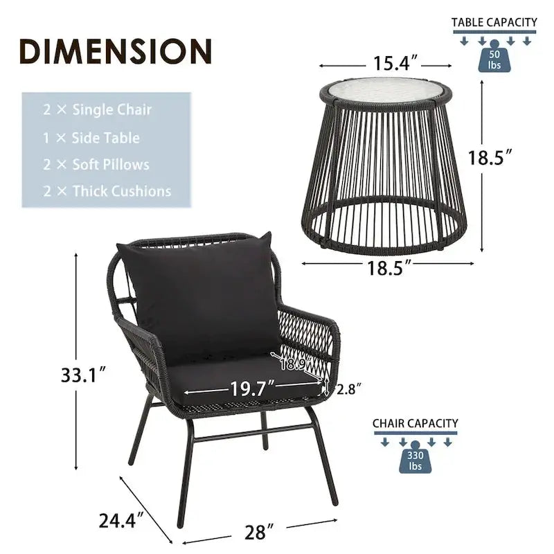 3-Piece Rattan Patio Conversation Set With Glass-Top Bistro Table, Two Wide-Arm Chairs And Seat Cushions