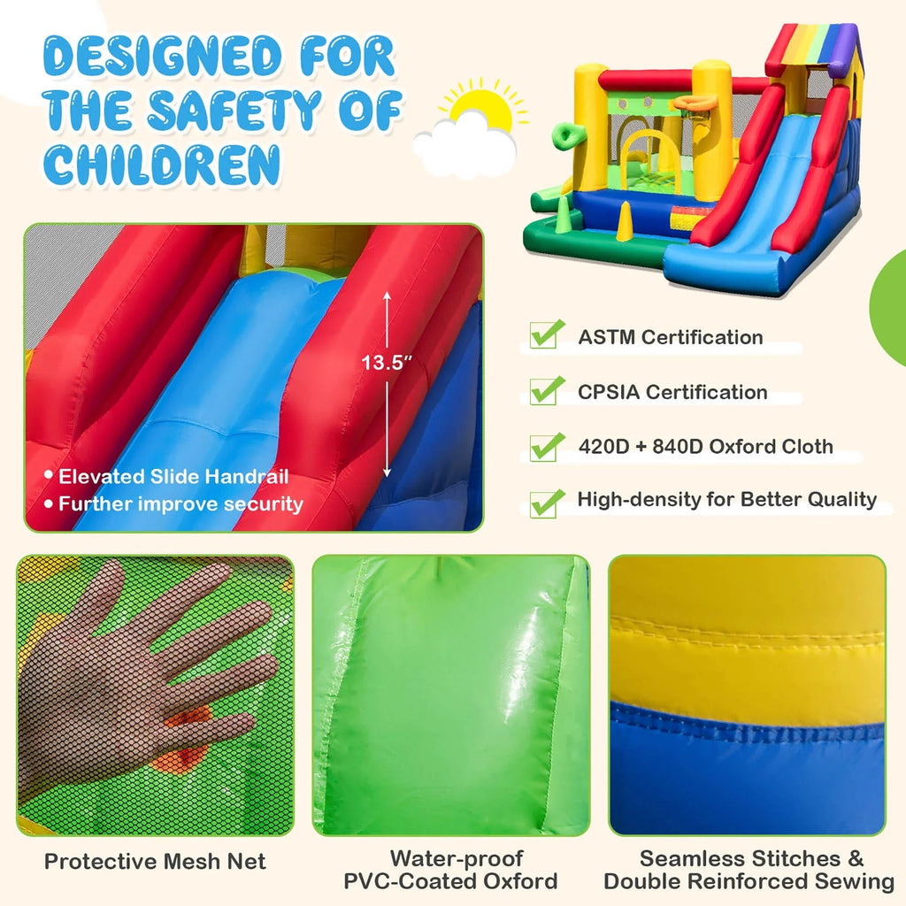 Costway 7-In-1 Rainbow Kids Inflatable Bounce Castle, 151.5 x 128 x 90.5 in, 50 Ocean Balls, 735W Blower