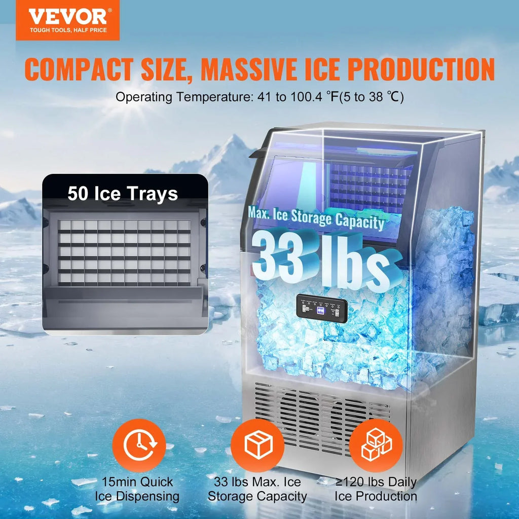 SKYSHALO Commercial Ice Maker, 110V, 110 Lbs/24h, 24 Lbs Bin, Stainless Steel