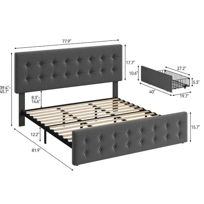 King Platform Bed Frame With Four Under-Bed Storage Drawers And Upholstered Headboard