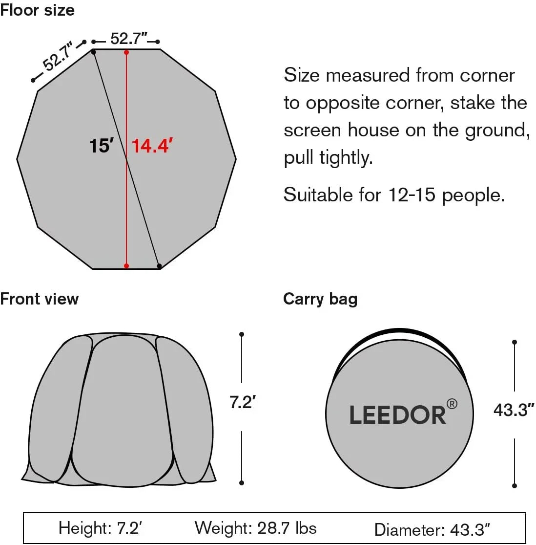 Leedor Screen House Tent Instant Outdoor Canopy 15x15 Gray