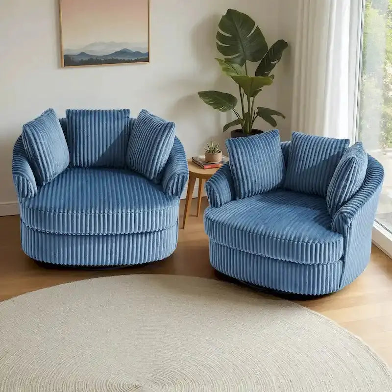 2 Oversized Corduroy Swivel Barrel Chairs, 43.2 W x 39.3 D x 31.4 H