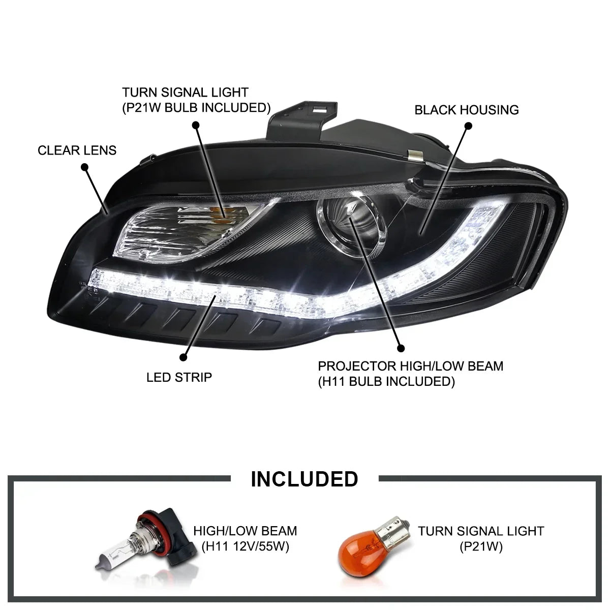 Spec-D Tuning LED Strips Projector Headlights Compatible With 2006-2008 Audi A4/S4 B7 - Left And Right Pair
