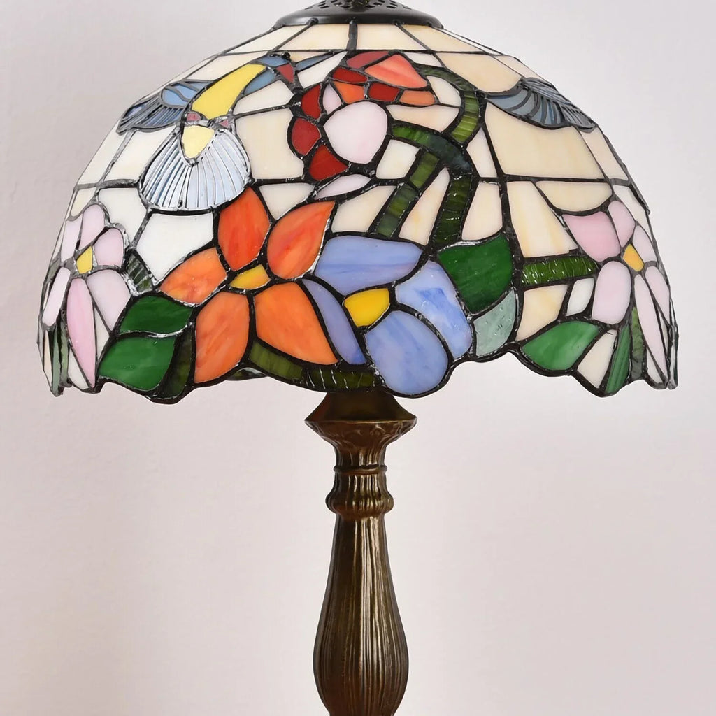 Tiffany Style Stained Glass Hummingbird Table Lamp 12in Shade, 18in Tall