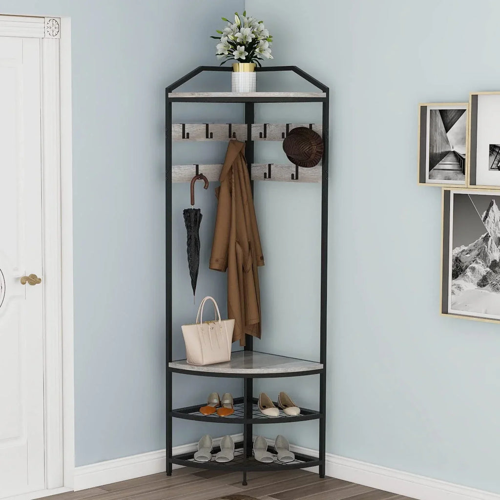 SQRTYVG Corner Hall Tree With Shoe Bench, 10 Movable Metal Hooks, Black - 71.3x18.1x18.1in