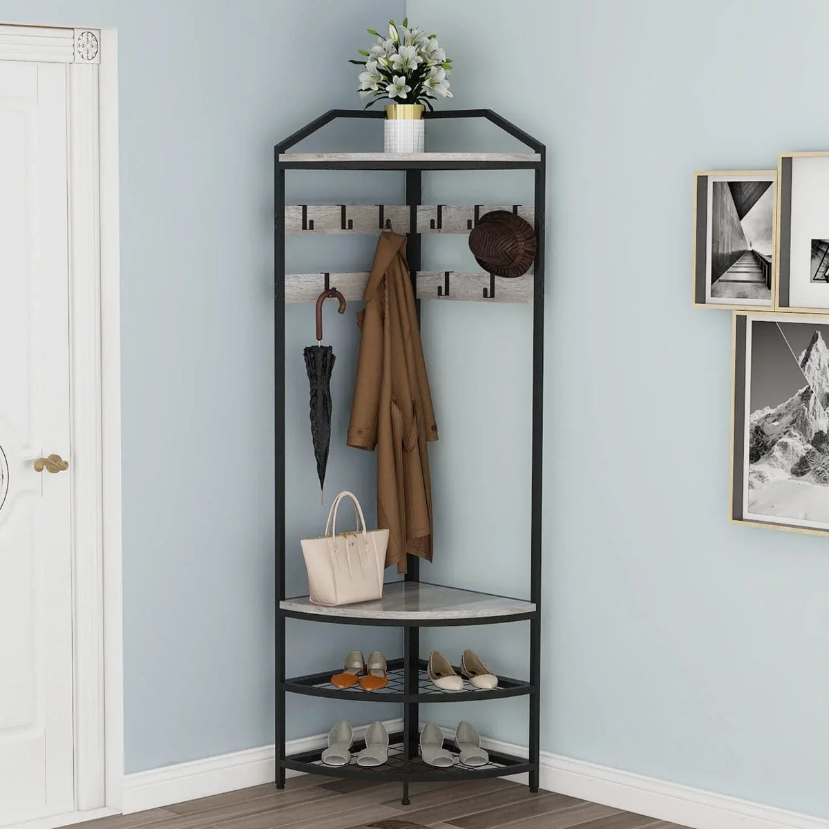 SQRTYVG Corner Hall Tree With Shoe Bench, 10 Movable Metal Hooks, Black - 71.3x18.1x18.1in