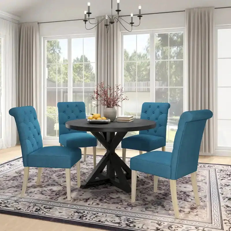 Rustic Wooden 5-Piece Dining Set With Round Cross-Buck Pedestal Table And 4 Tufted Upholstered Chairs - 47.25 x 47.25 x 31.50 in