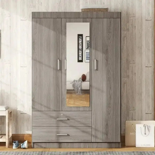 3-Door Mirror-Front Wardrobe With Integrated Shelving And Dual Storage Drawers