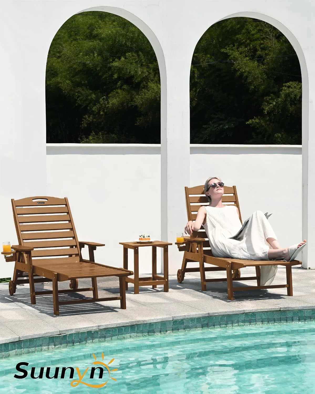 SUUNYN HDPE 6-Position Outdoor Chaise Lounge Chair With Wheels And Cup Holder - Teak