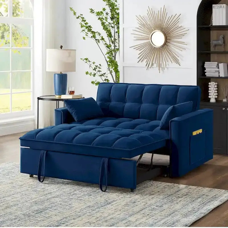 Tufted Loveseat Sofa Bed - Pull-Out Sleeper With Adjustable Backrest And Storage Pockets