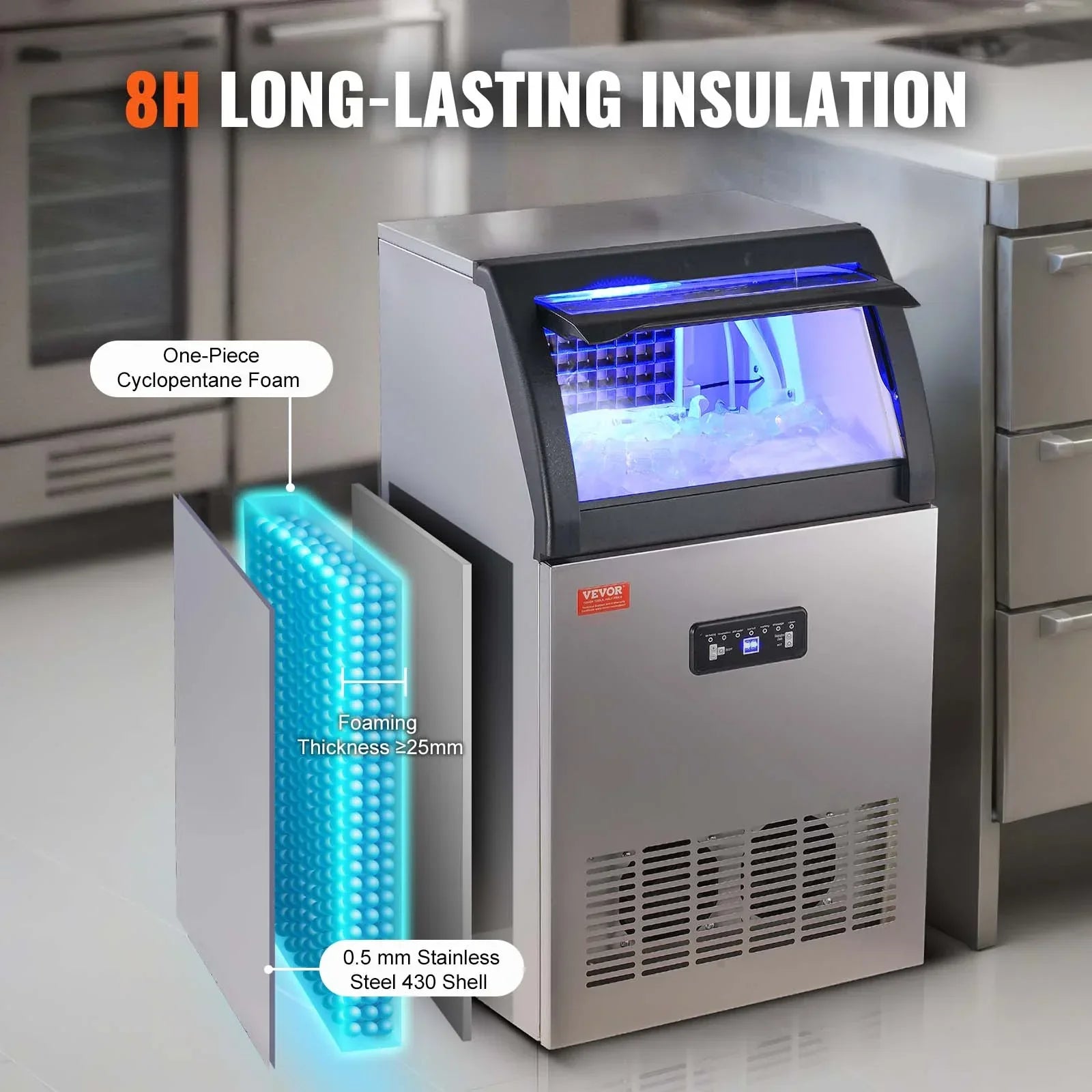 SKYSHALO Commercial Ice Maker, 110V, 110 Lbs/24h, 24 Lbs Bin, Stainless Steel