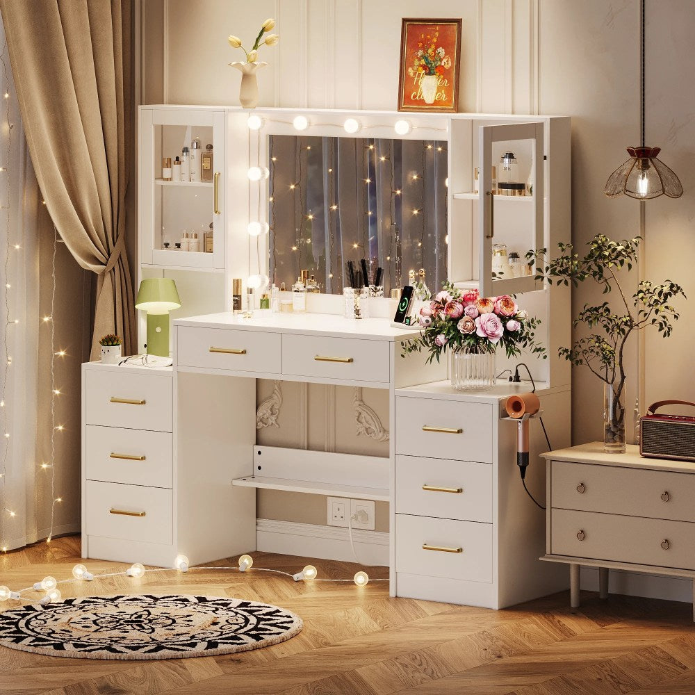 UGTOO LED Makeup Vanity Desk With Mirror, 58.27in, 10 Adjustable LED Bulbs, 8 Drawers, 2 Cabinets, White