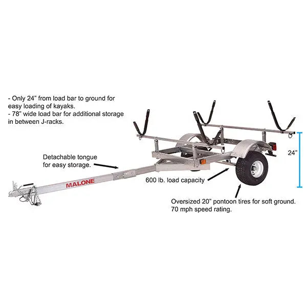Malone LowMax 2-Kayak Galvanized Steel Trailer With LED Lights And 70 MPH Tires