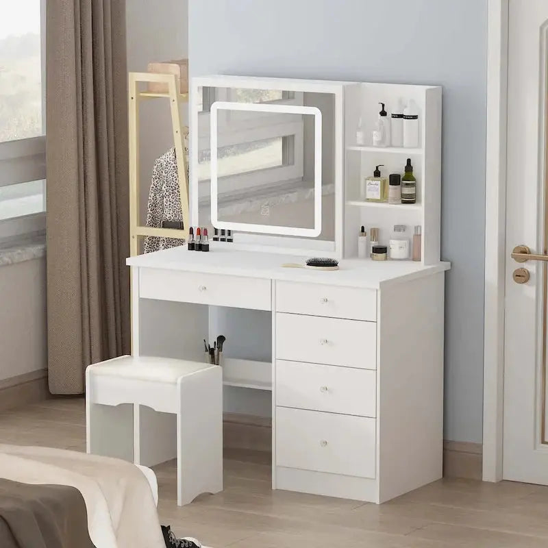 LED Vanity Desk Set With Illuminated Mirror, Stool, 39.4in Wide - White