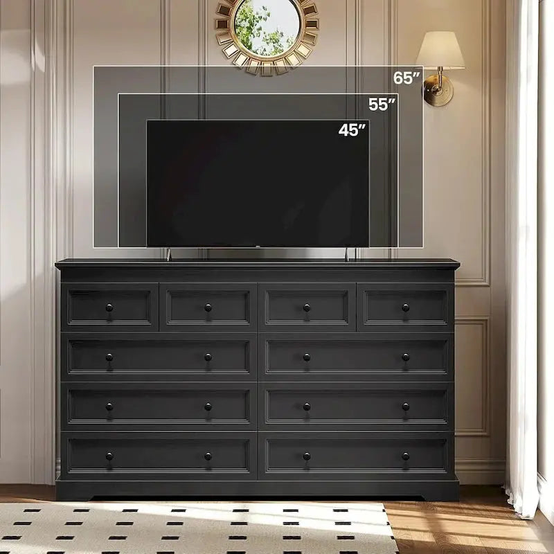 10-Drawer Wooden Dresser, White With Black Wood Top, 55 x 15.8 x 35 - Chest Of Drawers
