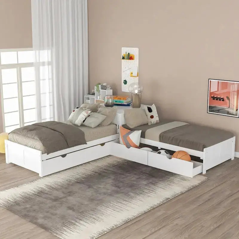 Modern White L-Shaped Twin Platform Bed With Built-In Trundle And Storage Drawers