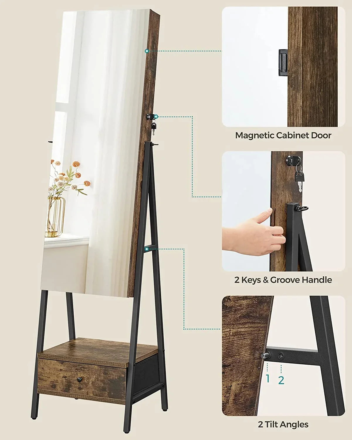 SONGMICS LED Lockable Jewelry Armoire With Full-Length Mirror, Rustic Brown - 14.6in D x 16.3in W x 61.8in H