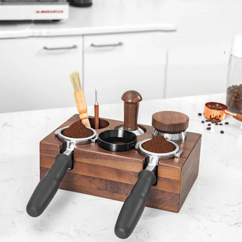 Cxren Solid Walnut Espresso Tamping Station Portafilter And Tamper Organizer For 51mm And 58mm Gear