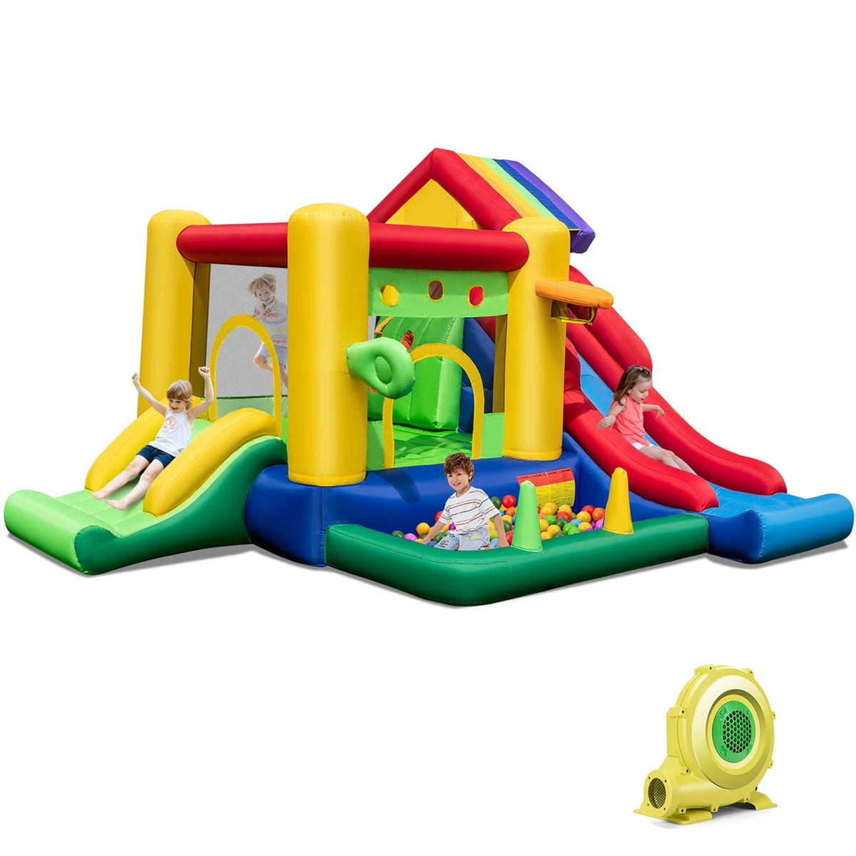 Costway 7-In-1 Rainbow Kids Inflatable Bounce Castle, 151.5 x 128 x 90.5 in, 50 Ocean Balls, 735W Blower