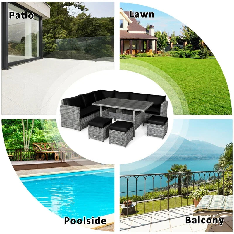 7-Piece Resin Wicker Outdoor Sectional Sofa Set With Dining Table, Ottomans And Cushions