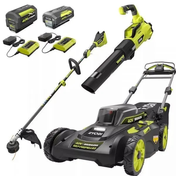 Ryobi 40V Brushless 20 in Self-Propelled Lawn Mower, Trimmer And Blower Kit With Dual Batteries And Chargers - RY401120-Y RY40270 RY40407BTLVNM