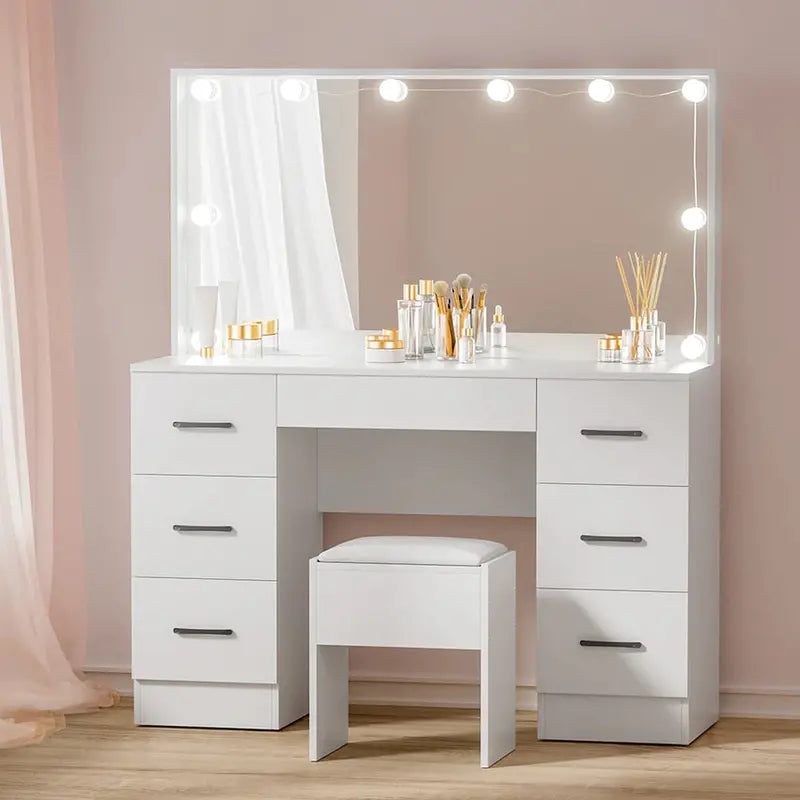 Artiss Dressing Table Set, 7 Drawers, LED Mirror, Stool, 10 Bulbs, White - Debbie