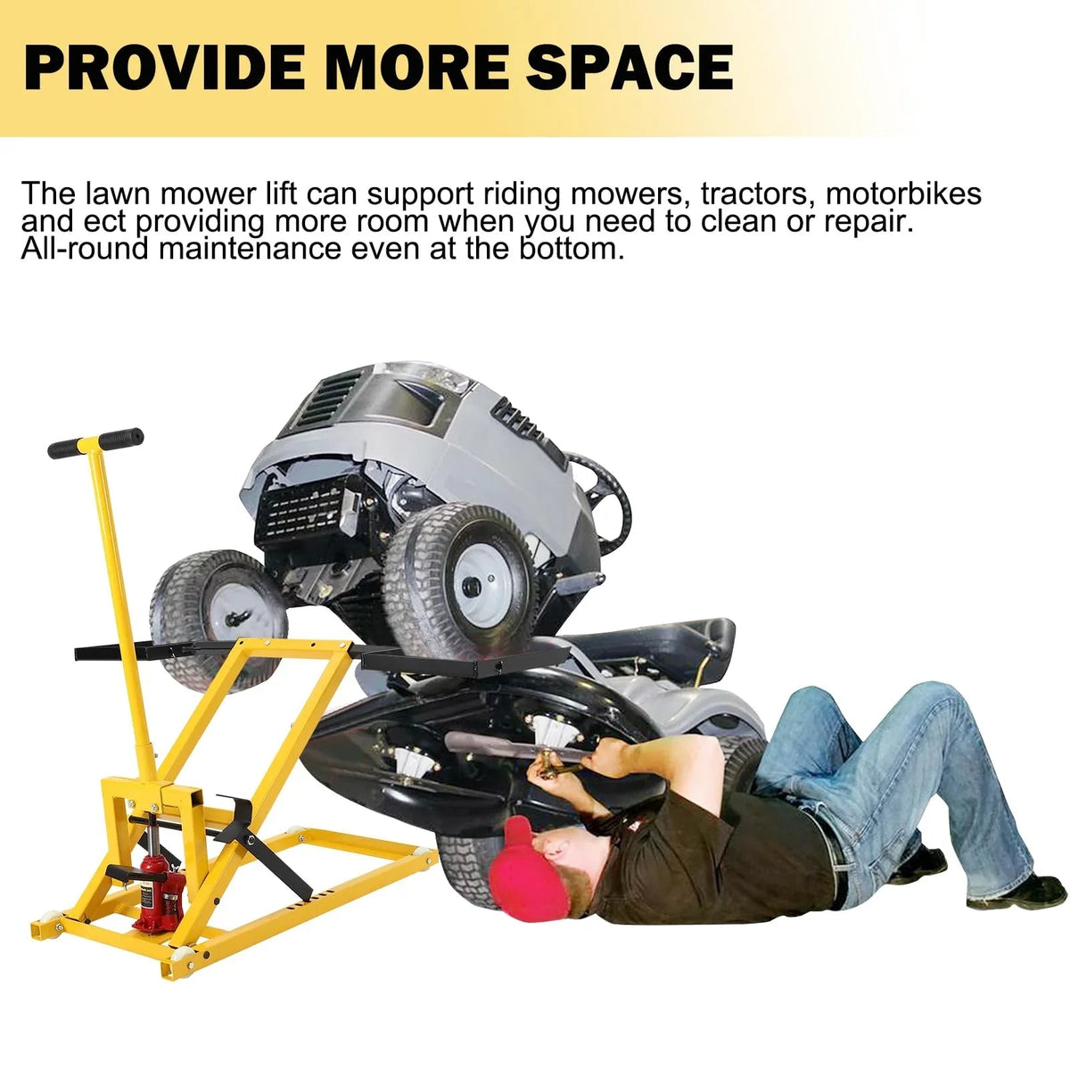 Lawn Mower Lift With Hydraulic Jack, 26 Inches, 500 LBS Capacity, Yellow - PHO_13L5VR2X2L