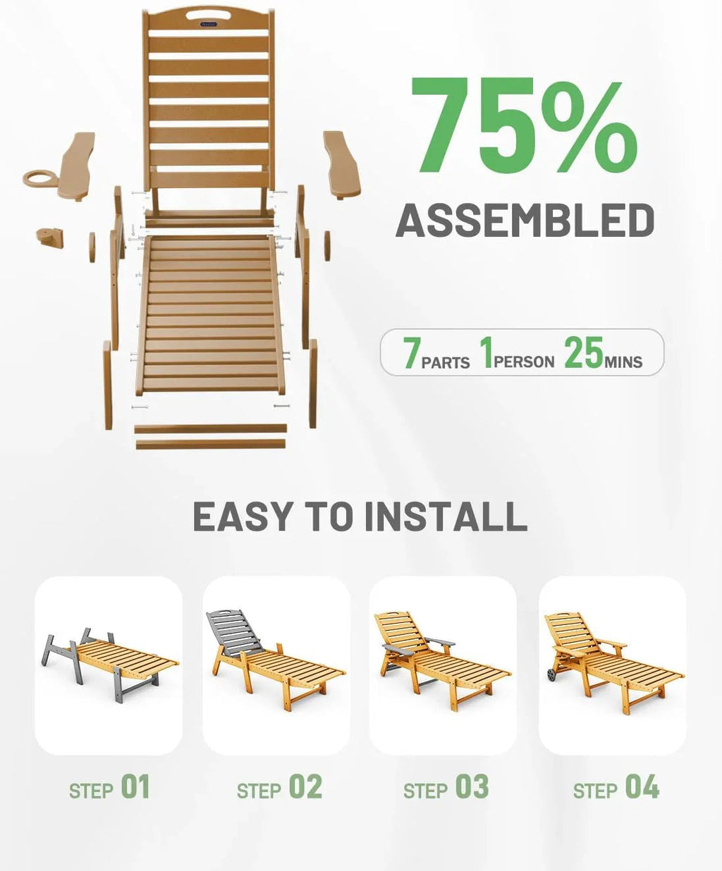 SUUNYN HDPE 6-Position Outdoor Chaise Lounge Chair With Wheels And Cup Holder - Teak