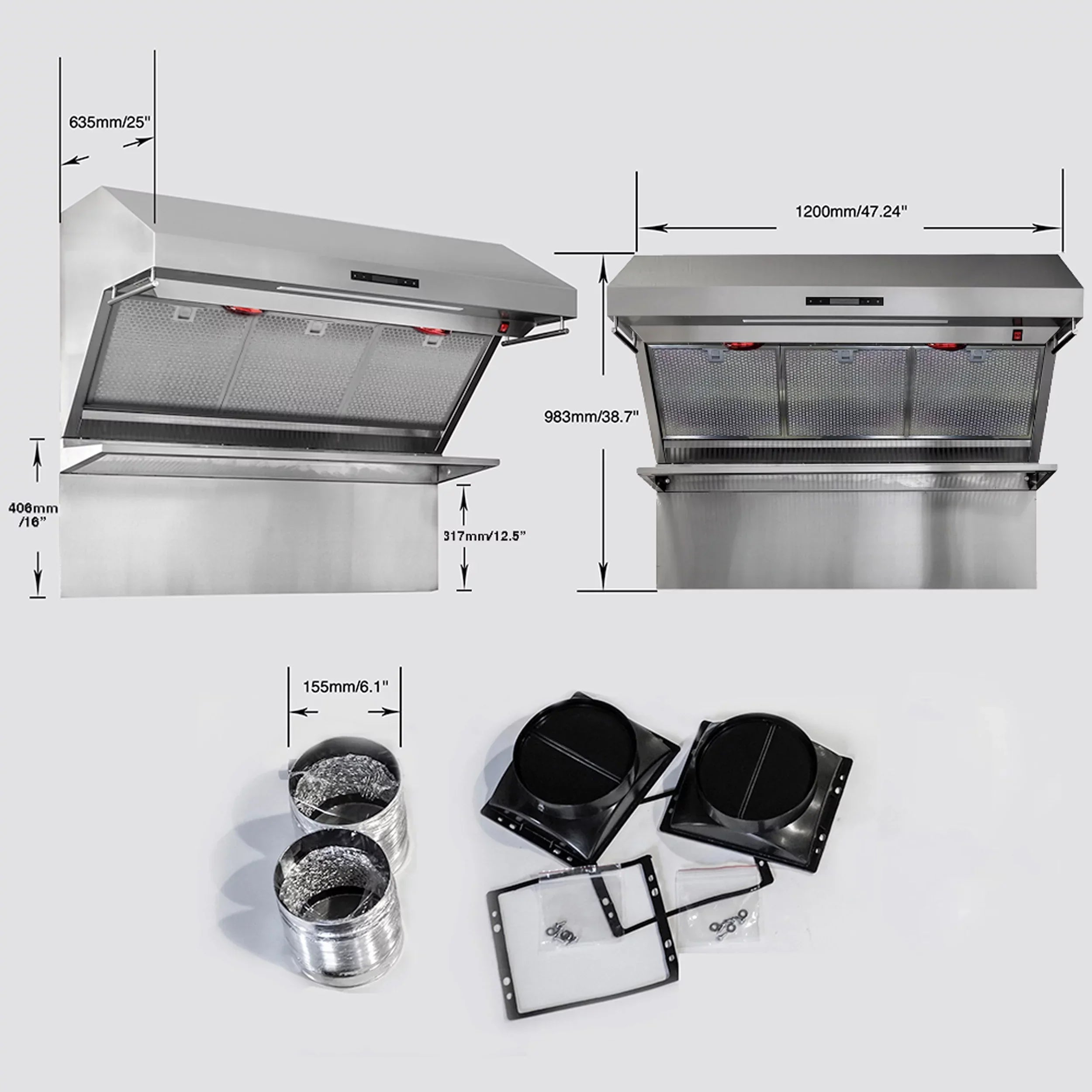 48 in Wall Mount Range Hood With Hybrid Filters And Stainless Steel Backsplash - Savona