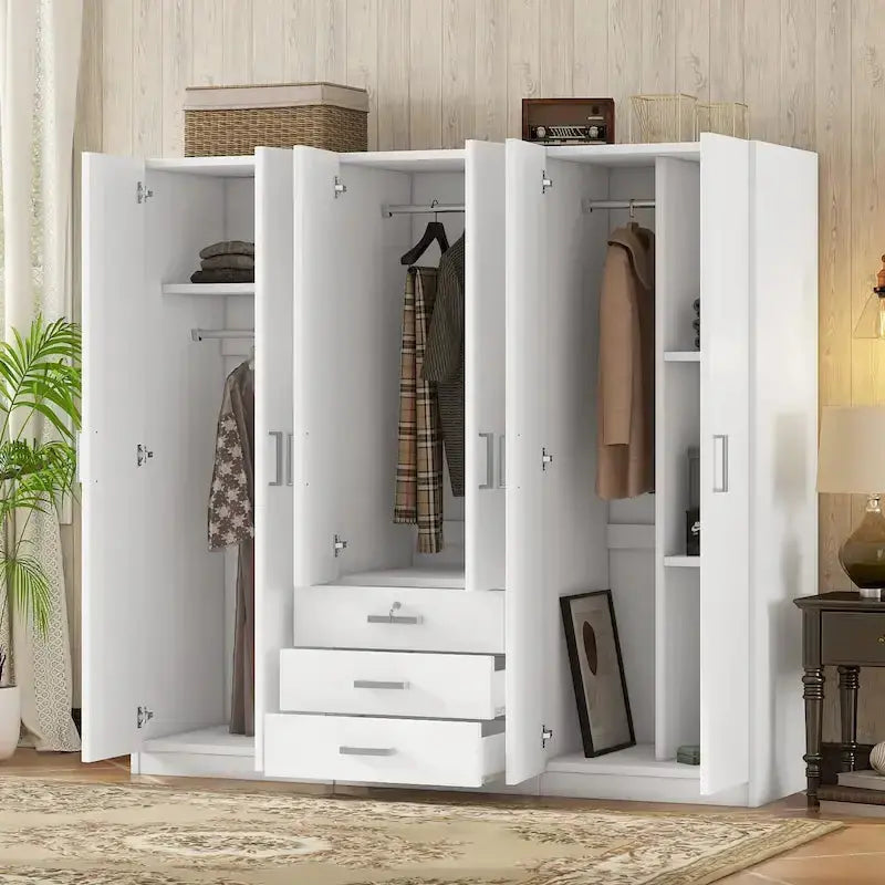 6-Door MDF Bedroom Wardrobe With 3 Large Bottom Drawers - 70.9 X 19.2 X 68