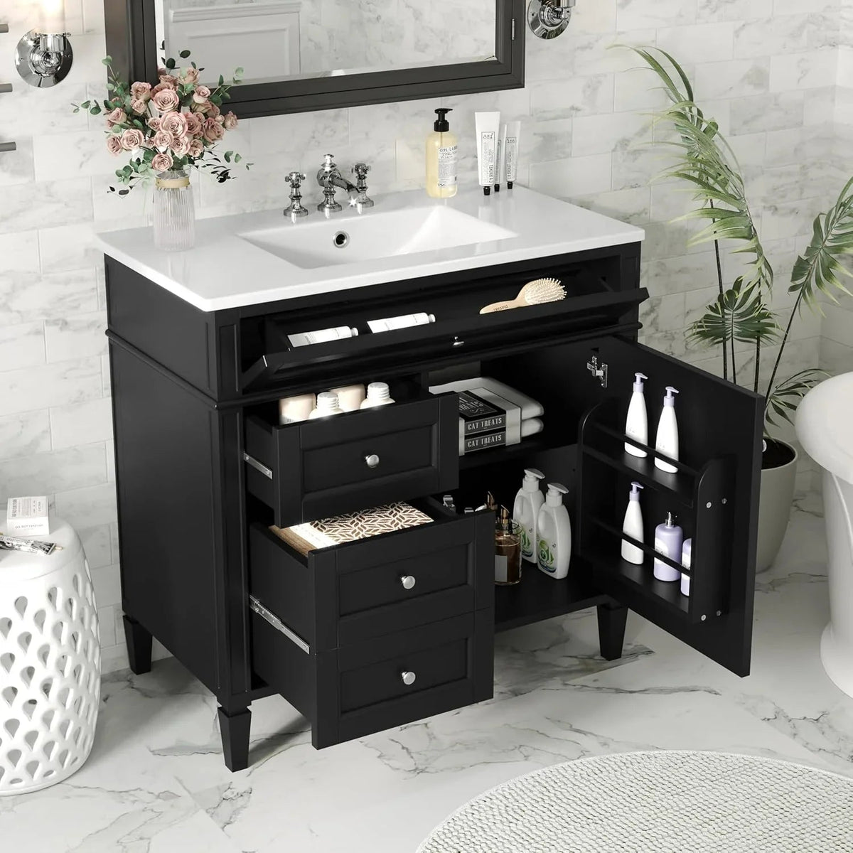 36 Inch Black Freestanding Bathroom Vanity With Single Undermount Sink, 2 Drawers And Tip-Out Drawer