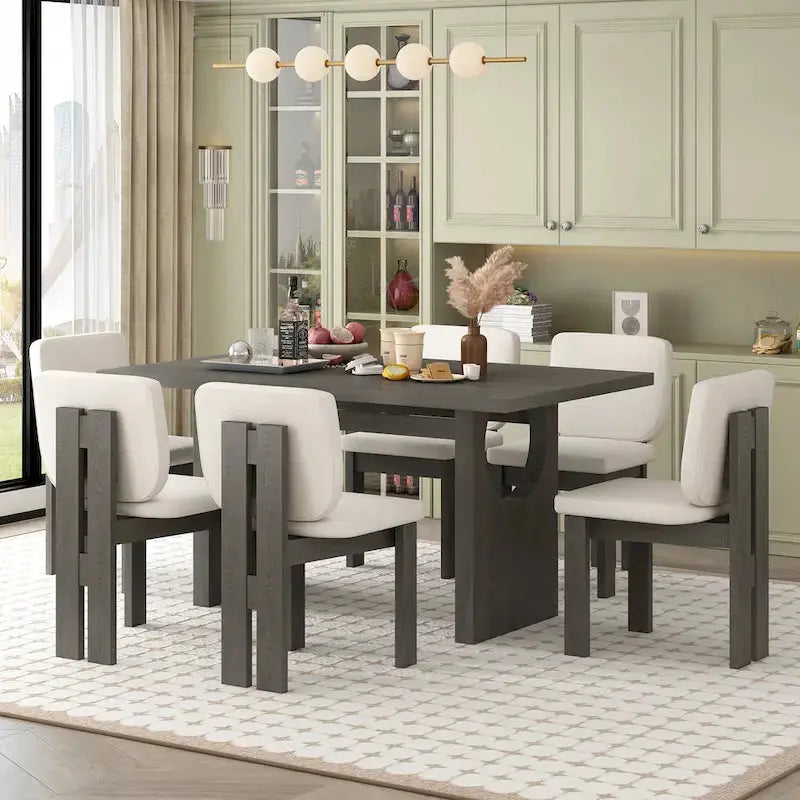 7-Piece Solid Wood Dining Set With Trestle-Base Rectangular Table And 6 Upholstered Chairs