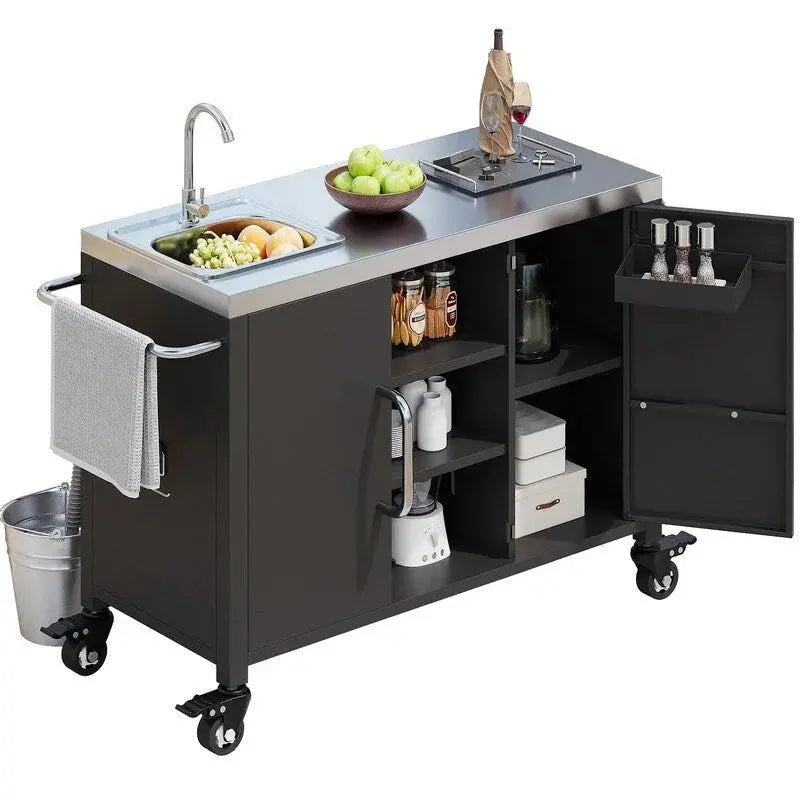 Outdoor Kitchen Island Mobile Bar Cart Station With Built-In Sink And Locking Casters