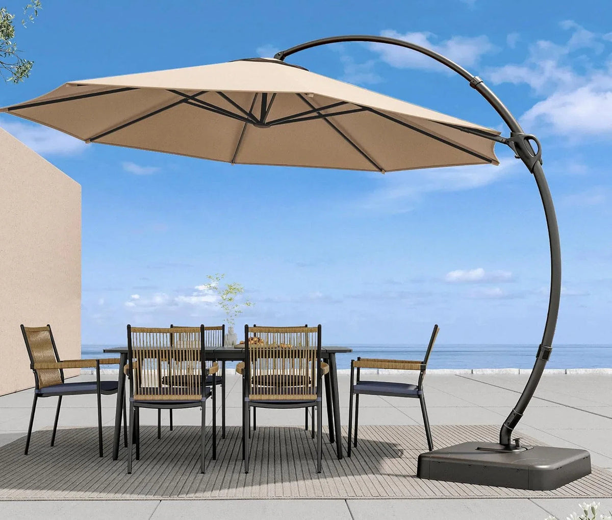 LAUSAINT HOME 11 FT Beige Curvy Cantilever Patio Umbrella With Base