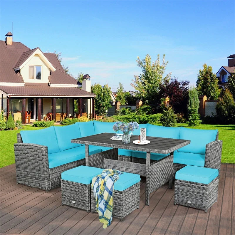 7-Piece Resin Wicker Outdoor Sectional Sofa Set With Dining Table, Ottomans And Cushions