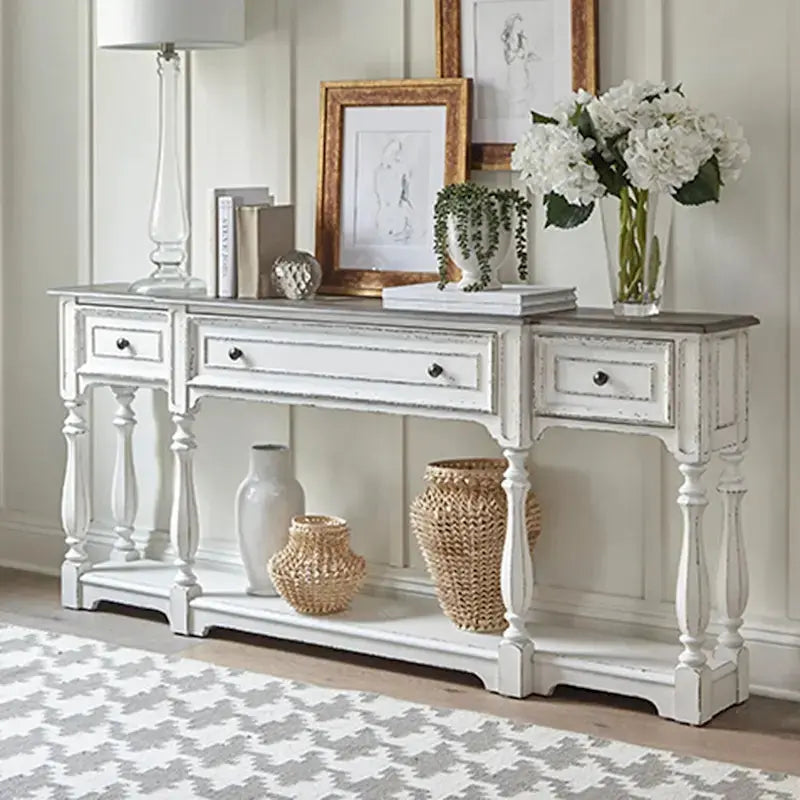 Magnolia Manor Hall Console Table, 72 in, Antique White And Weathered Bark Finish