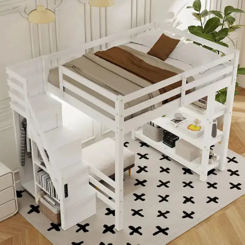 Full/Twin Loft Bed With Integrated Staircase Storage, Wardrobe And LED Lighting