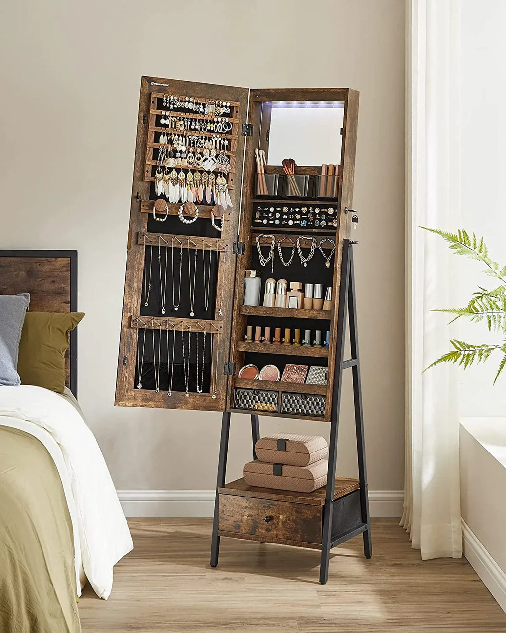 SONGMICS LED Lockable Jewelry Armoire With Full-Length Mirror, Rustic Brown - 14.6in D x 16.3in W x 61.8in H