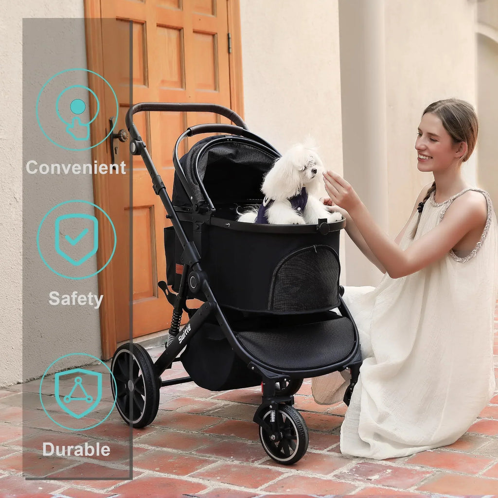 SWITTE 3-In-1 Foldable Pet Stroller With 4 Wheels, Black