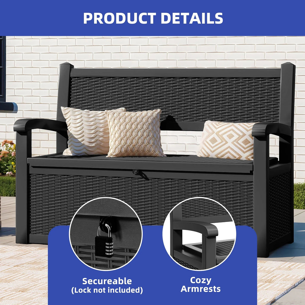 ModFusion 70-Gallon Outdoor Resin Storage Bench With Rattan Backrest, Black - C