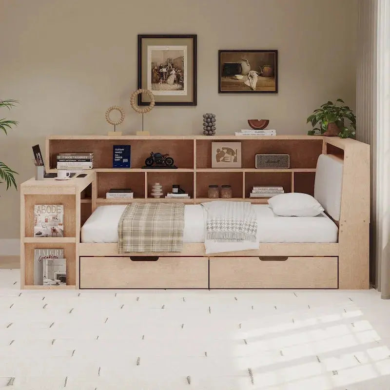 Ivery Furniture L-Shaped Upholstered Daybed With Desk, Bookcase, LED Headboard And Storage