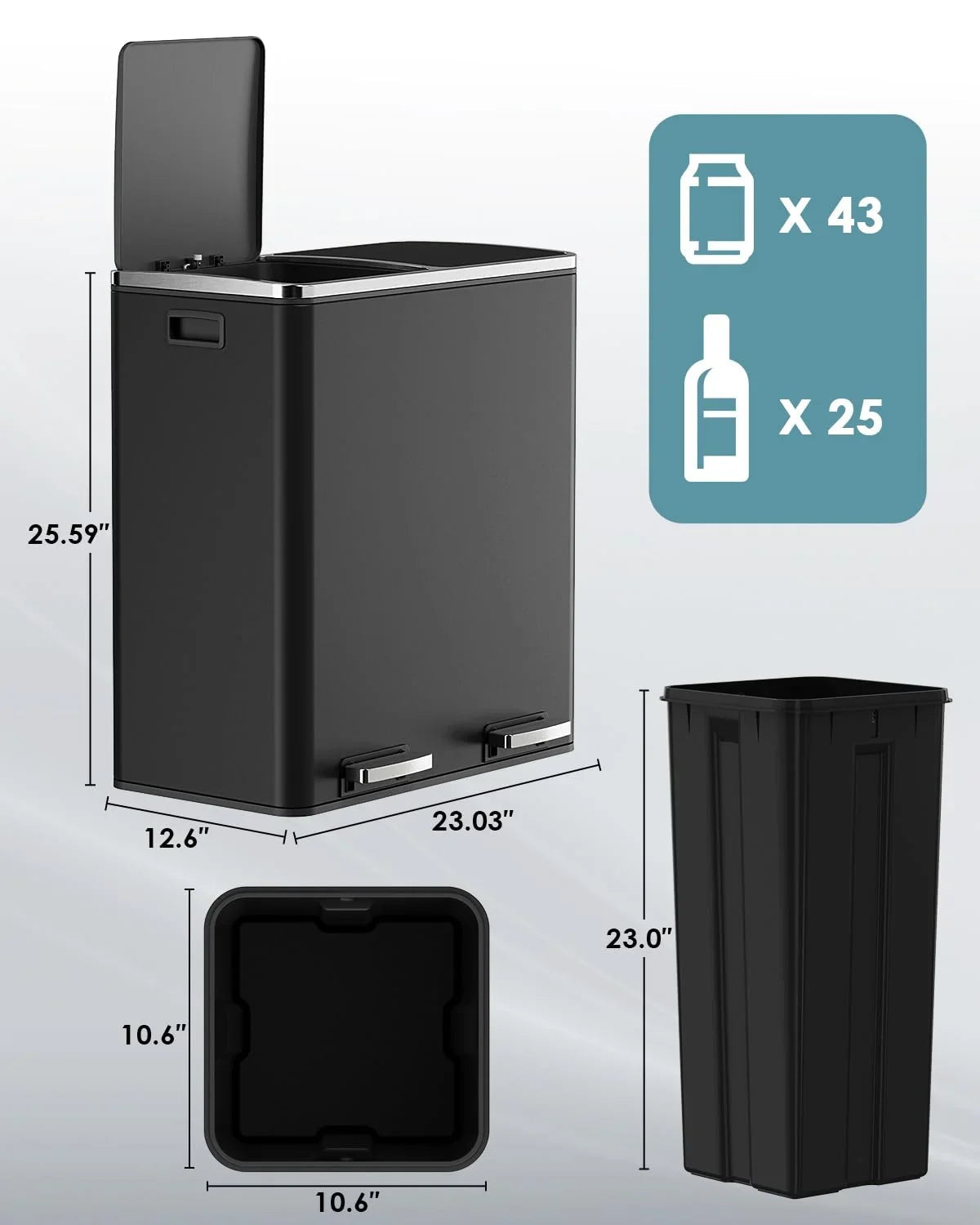 Arlopu Dual Kitchen Trash Can, 60 L/16 gal, Stainless Steel, Black