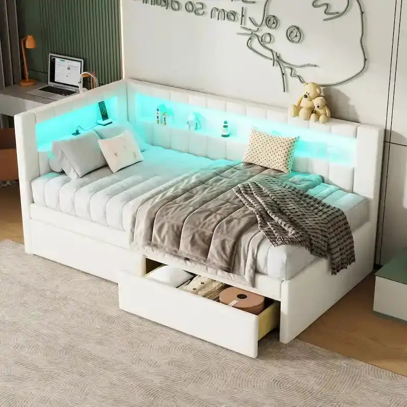 Upholstered Platform Bed Frame Full/Twin With Twin Trundle, USB Ports, LED Lighting, Dual Storage Drawers