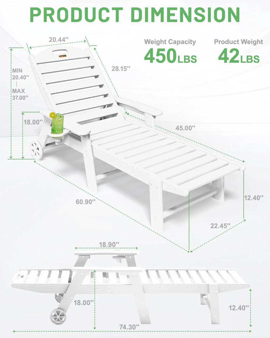 SUUNYN HDPE 6-Position Outdoor Chaise Lounge Chair With Wheels And Cup Holder - Teak