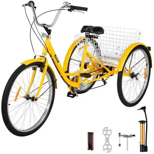 Adult 26-Inch 7-Speed Cruiser Tricycle With Front Basket And Comfort Saddle - Yellow